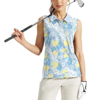 Anthurium Plumeria Lei Pastel Women Sleeveless Polo Shirt Blue Hawaiian Splendid Palaka