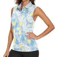 Anthurium Plumeria Lei Pastel Women Sleeveless Polo Shirt Blue Hawaiian Splendid Palaka