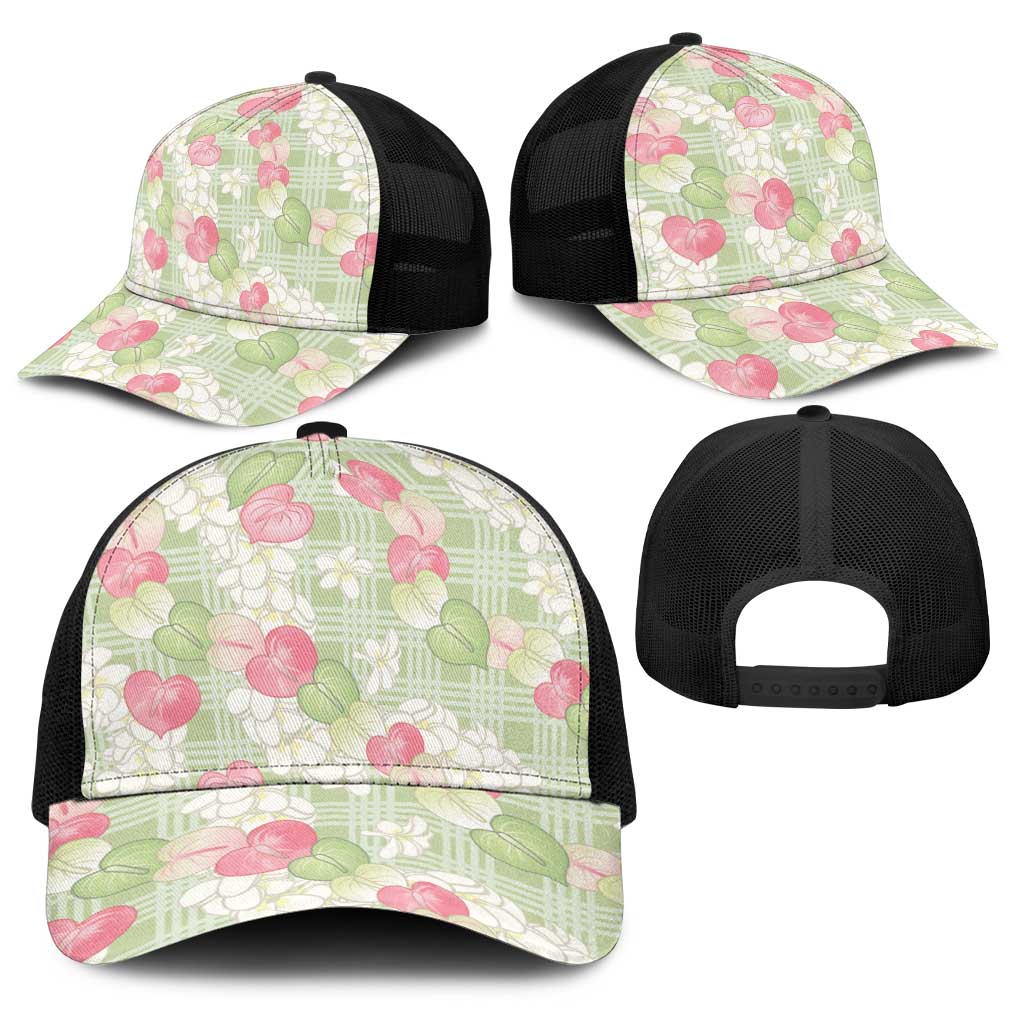 Anthurium Plumeria Lei Pastel Baseball Net Cap Green Hawaiian Splendid Palaka