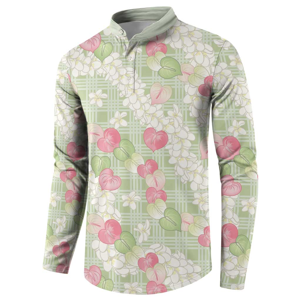 Anthurium Plumeria Lei Pastel Button Sweatshirt Green Hawaiian Splendid Palaka