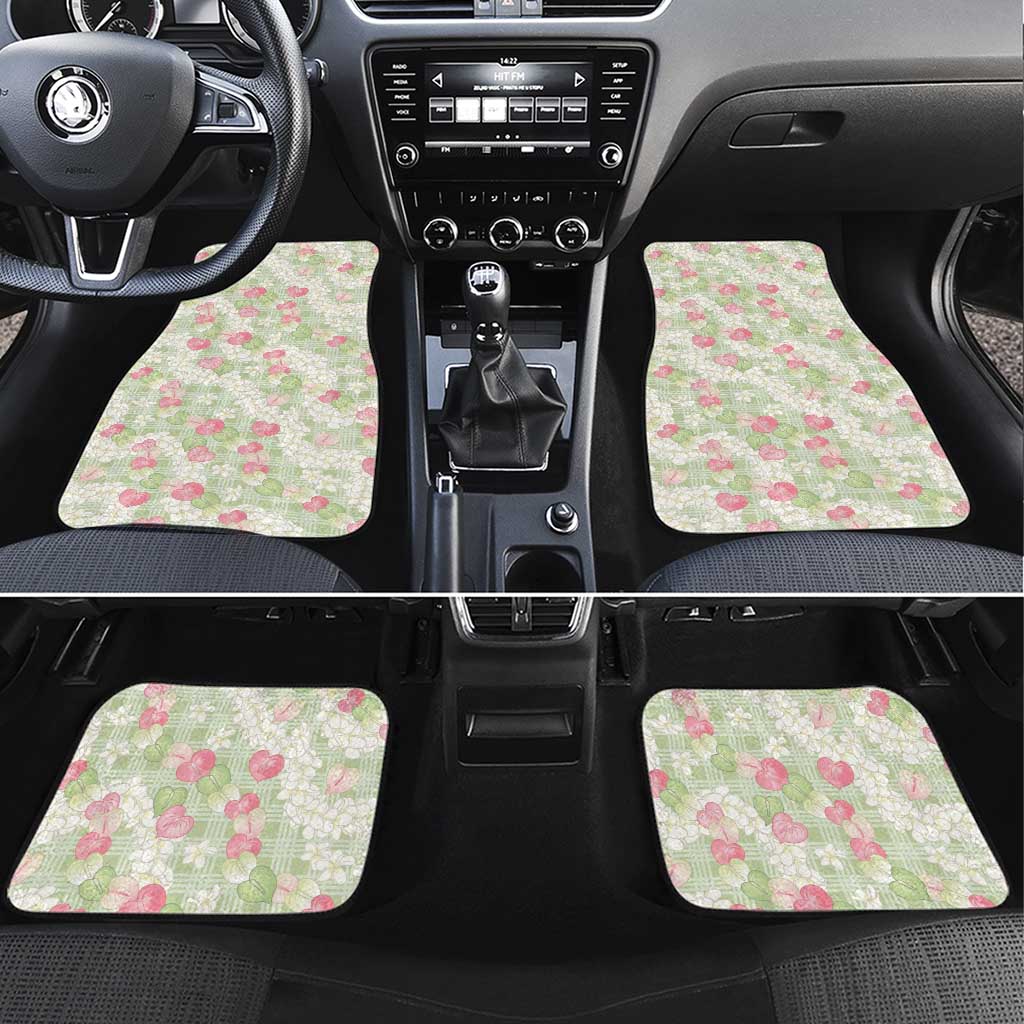 Anthurium Plumeria Lei Pastel Car Mats Green Hawaiian Splendid Palaka LT01 Set 4pcs Green - Polynesian Pride