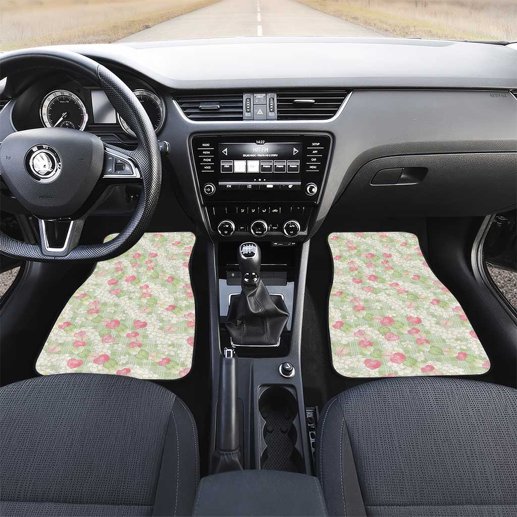 Anthurium Plumeria Lei Pastel Car Mats Green Hawaiian Splendid Palaka LT01 Set 2pcs - Front Green - Polynesian Pride