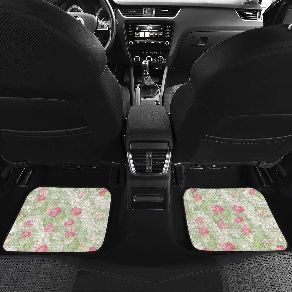 Anthurium Plumeria Lei Pastel Car Mats Green Hawaiian Splendid Palaka LT01 Set 2pcs - Back Green - Polynesian Pride