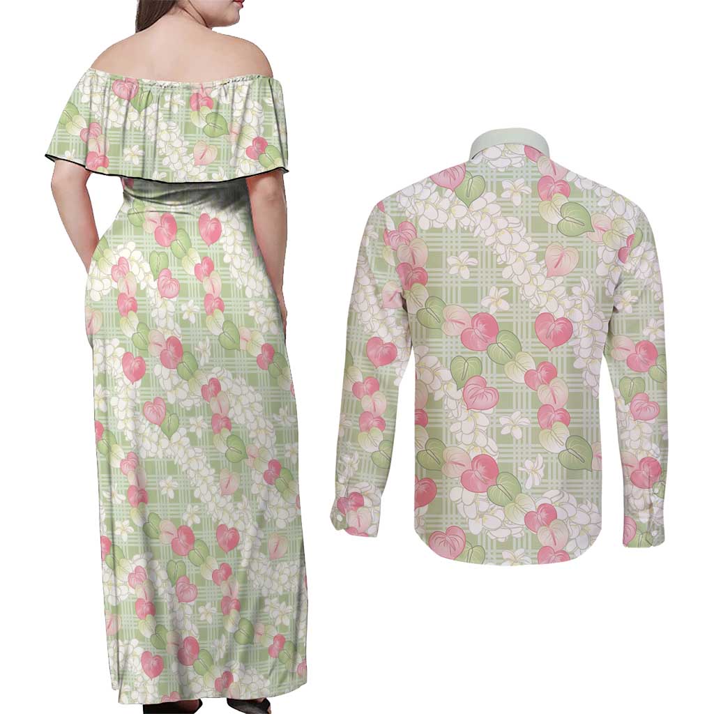 Anthurium Plumeria Lei Pastel Couples Matching Off Shoulder Maxi Dress and Long Sleeve Button Shirt Green Hawaiian Splendid Palaka