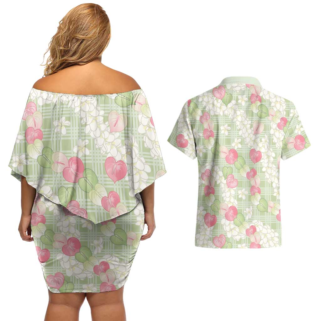 Anthurium Plumeria Lei Pastel Couples Matching Off Shoulder Short Dress and Hawaiian Shirt Green Hawaiian Splendid Palaka