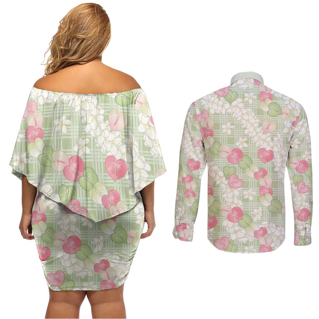 Anthurium Plumeria Lei Pastel Couples Matching Off Shoulder Short Dress and Long Sleeve Button Shirt Green Hawaiian Splendid Palaka