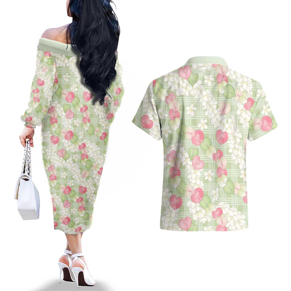 Anthurium Plumeria Lei Pastel Couples Matching Off The Shoulder Long Sleeve Dress and Hawaiian Shirt Green Hawaiian Splendid Palaka