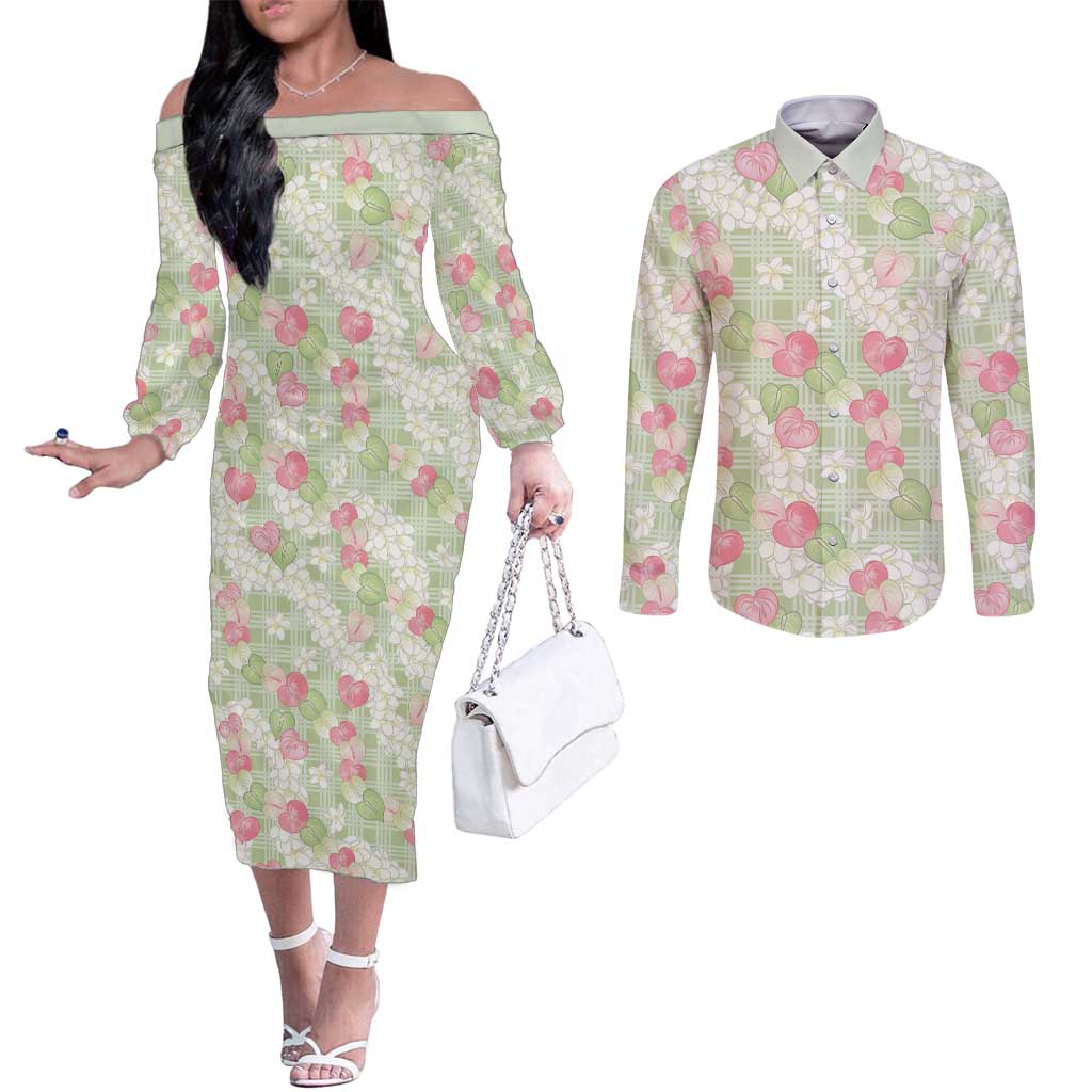 Anthurium Plumeria Lei Pastel Couples Matching Off The Shoulder Long Sleeve Dress and Long Sleeve Button Shirt Green Hawaiian Splendid Palaka