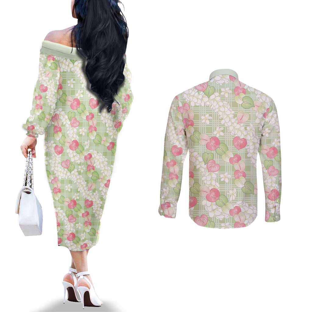 Anthurium Plumeria Lei Pastel Couples Matching Off The Shoulder Long Sleeve Dress and Long Sleeve Button Shirt Green Hawaiian Splendid Palaka