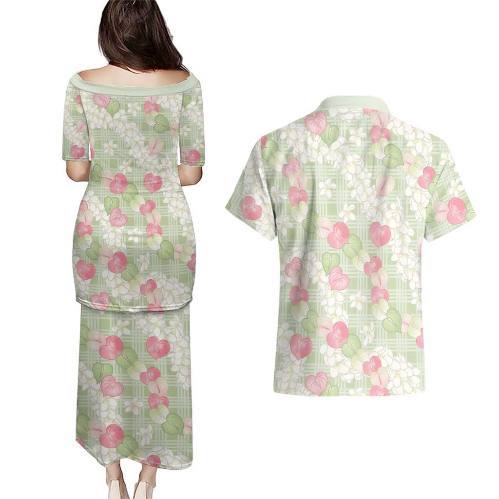 Anthurium Plumeria Lei Pastel Couples Matching Puletasi and Hawaiian Shirt Green Hawaiian Splendid Palaka