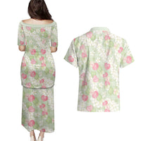 Anthurium Plumeria Lei Pastel Couples Matching Puletasi and Hawaiian Shirt Green Hawaiian Splendid Palaka