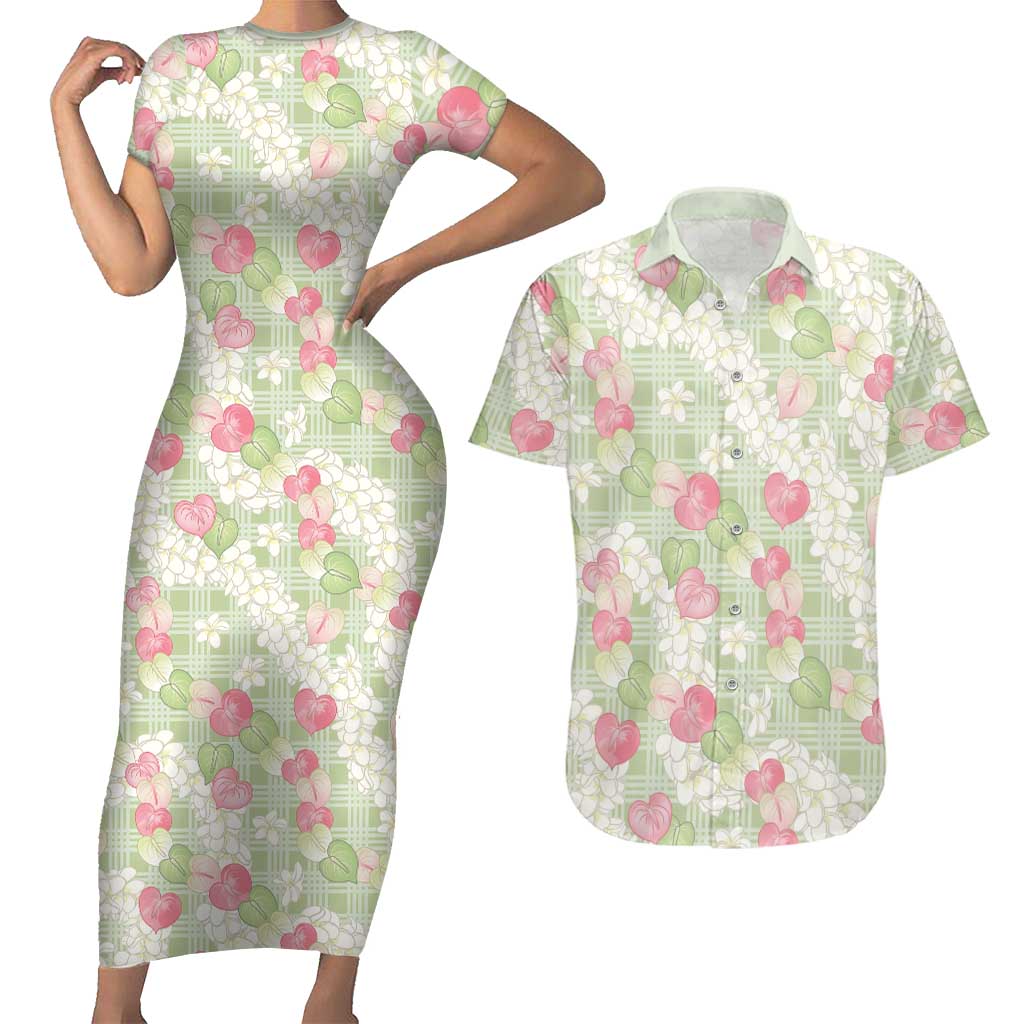 Anthurium Plumeria Lei Pastel Couples Matching Short Sleeve Bodycon Dress and Hawaiian Shirt Green Hawaiian Splendid Palaka