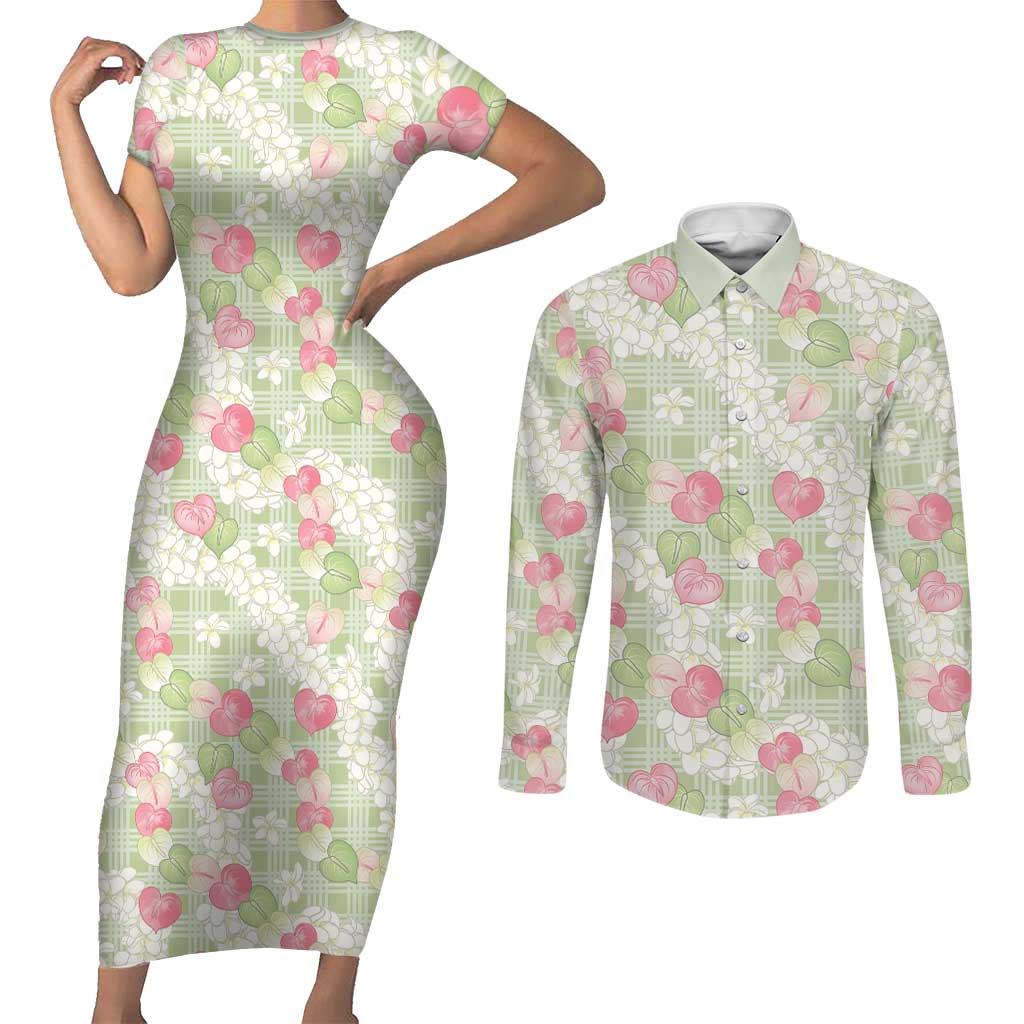Anthurium Plumeria Lei Pastel Couples Matching Short Sleeve Bodycon Dress and Long Sleeve Button Shirt Green Hawaiian Splendid Palaka