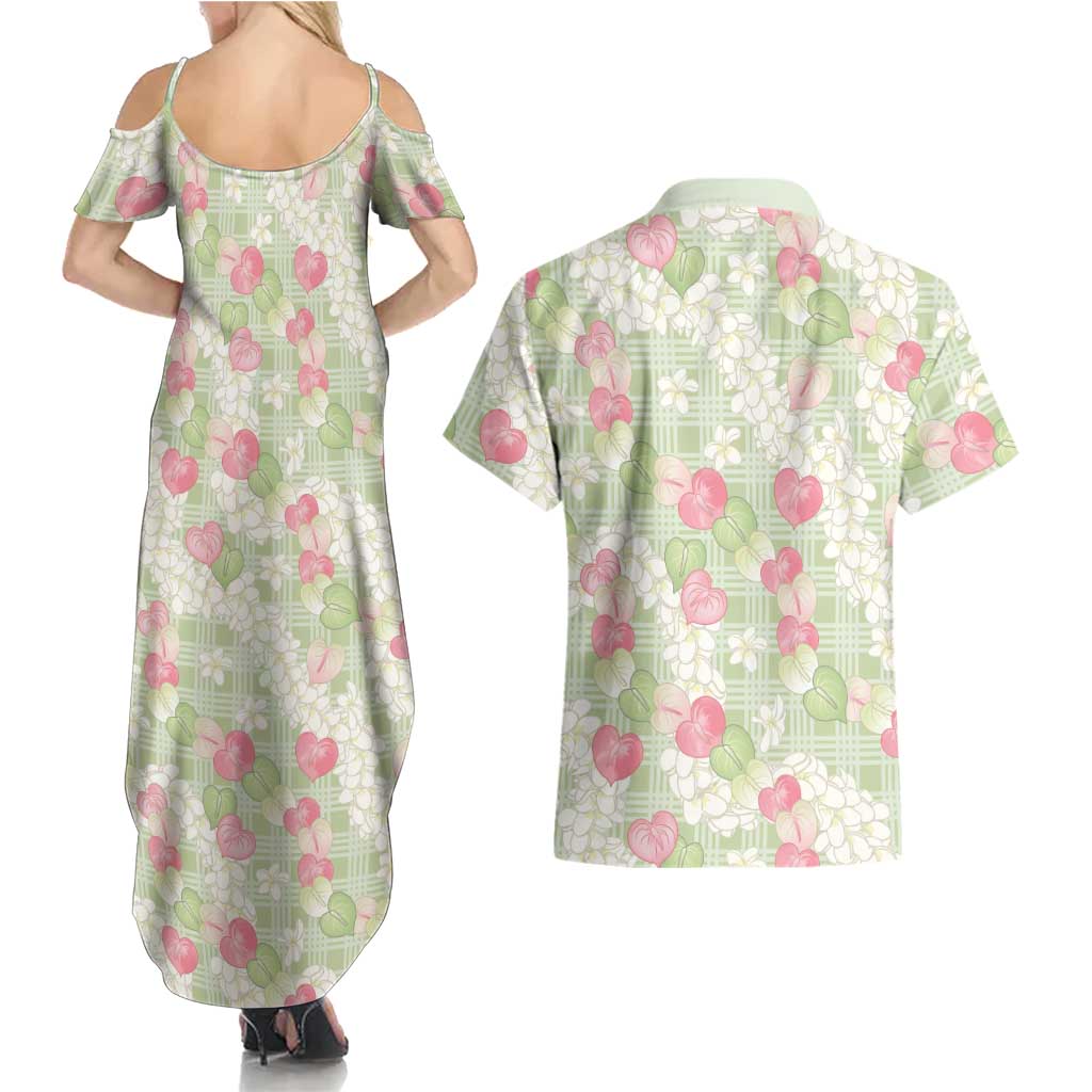 Anthurium Plumeria Lei Pastel Couples Matching Summer Maxi Dress and Hawaiian Shirt Green Hawaiian Splendid Palaka