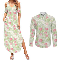 Anthurium Plumeria Lei Pastel Couples Matching Summer Maxi Dress and Long Sleeve Button Shirt Green Hawaiian Splendid Palaka