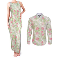 Anthurium Plumeria Lei Pastel Couples Matching Tank Maxi Dress and Long Sleeve Button Shirt Green Hawaiian Splendid Palaka