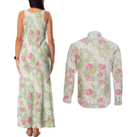 Anthurium Plumeria Lei Pastel Couples Matching Tank Maxi Dress and Long Sleeve Button Shirt Green Hawaiian Splendid Palaka