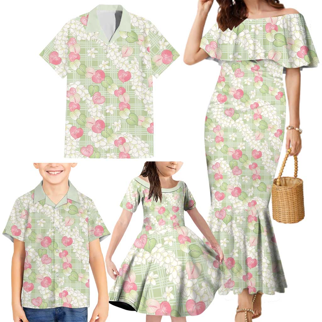 Anthurium Plumeria Lei Pastel Family Matching Mermaid Dress and Hawaiian Shirt Green Hawaiian Splendid Palaka