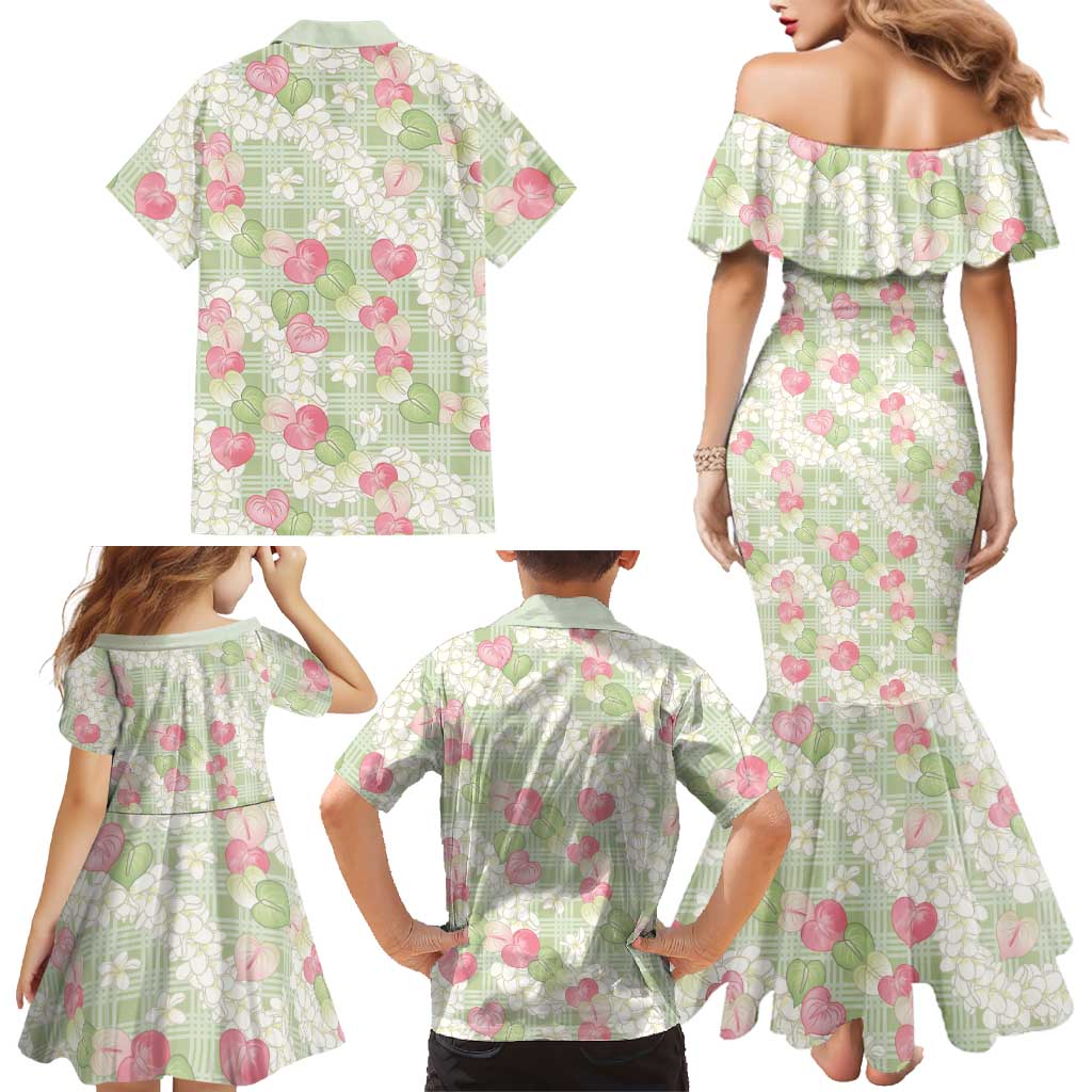 Anthurium Plumeria Lei Pastel Family Matching Mermaid Dress and Hawaiian Shirt Green Hawaiian Splendid Palaka