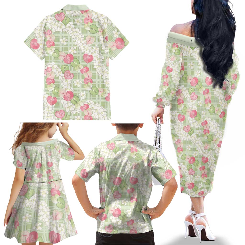 Anthurium Plumeria Lei Pastel Family Matching Off The Shoulder Long Sleeve Dress and Hawaiian Shirt Green Hawaiian Splendid Palaka