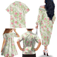 Anthurium Plumeria Lei Pastel Family Matching Off The Shoulder Long Sleeve Dress and Hawaiian Shirt Green Hawaiian Splendid Palaka