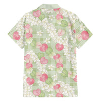 Anthurium Plumeria Lei Pastel Family Matching Off The Shoulder Long Sleeve Dress and Hawaiian Shirt Green Hawaiian Splendid Palaka