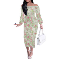 Anthurium Plumeria Lei Pastel Family Matching Off The Shoulder Long Sleeve Dress and Hawaiian Shirt Green Hawaiian Splendid Palaka