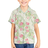 Anthurium Plumeria Lei Pastel Family Matching Off The Shoulder Long Sleeve Dress and Hawaiian Shirt Green Hawaiian Splendid Palaka