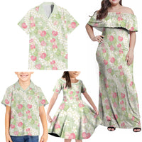 Anthurium Plumeria Lei Pastel Family Matching Off Shoulder Maxi Dress and Hawaiian Shirt Green Hawaiian Splendid Palaka