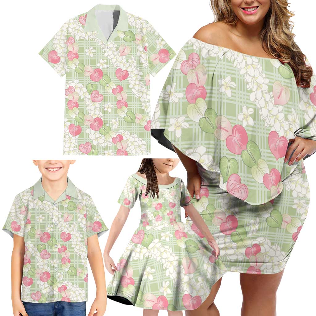 Anthurium Plumeria Lei Pastel Family Matching Off Shoulder Short Dress and Hawaiian Shirt Green Hawaiian Splendid Palaka