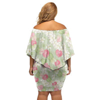 Anthurium Plumeria Lei Pastel Family Matching Off Shoulder Short Dress and Hawaiian Shirt Green Hawaiian Splendid Palaka