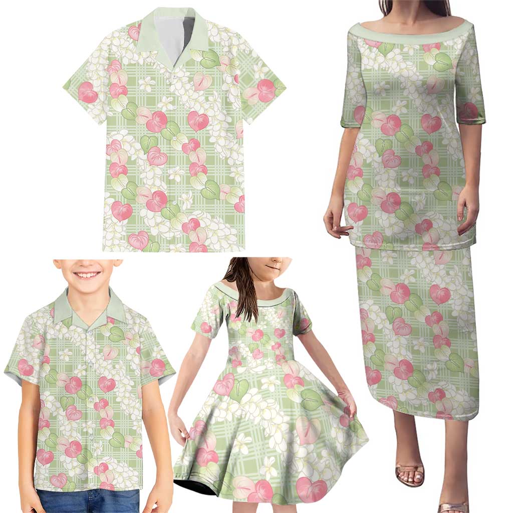 Anthurium Plumeria Lei Pastel Family Matching Puletasi and Hawaiian Shirt Green Hawaiian Splendid Palaka