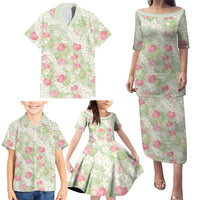 Anthurium Plumeria Lei Pastel Family Matching Puletasi and Hawaiian Shirt Green Hawaiian Splendid Palaka