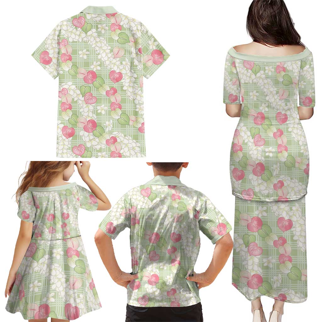 Anthurium Plumeria Lei Pastel Family Matching Puletasi and Hawaiian Shirt Green Hawaiian Splendid Palaka