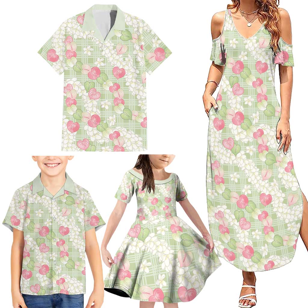 Anthurium Plumeria Lei Pastel Family Matching Summer Maxi Dress and Hawaiian Shirt Green Hawaiian Splendid Palaka