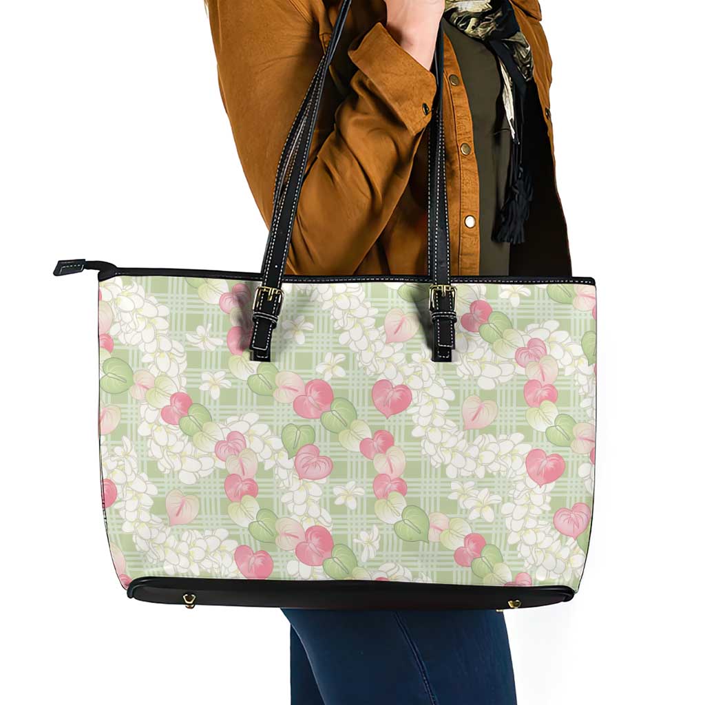 Anthurium Plumeria Lei Pastel Leather Tote Bag Green Hawaiian Splendid Palaka
