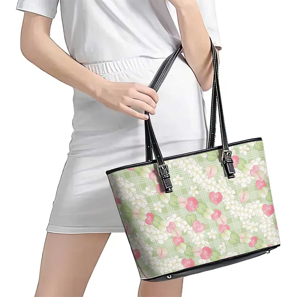 Anthurium Plumeria Lei Pastel Leather Tote Bag Green Hawaiian Splendid Palaka