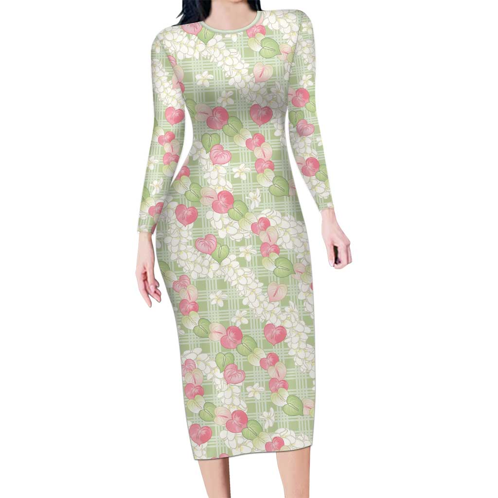 Anthurium Plumeria Lei Pastel Long Sleeve Bodycon Dress Green Hawaiian Splendid Palaka LT01 Long Dress Green - Polynesian Pride