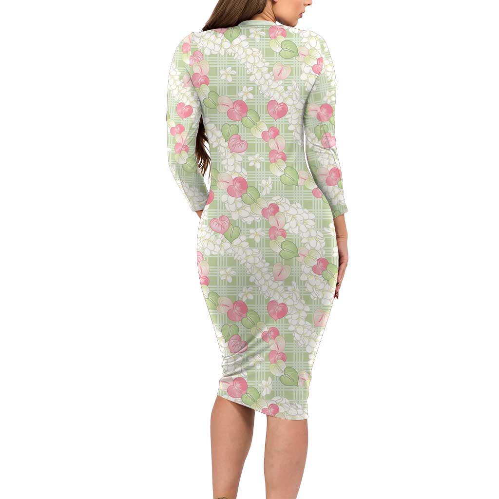 Anthurium Plumeria Lei Pastel Long Sleeve Bodycon Dress Green Hawaiian Splendid Palaka LT01 - Polynesian Pride