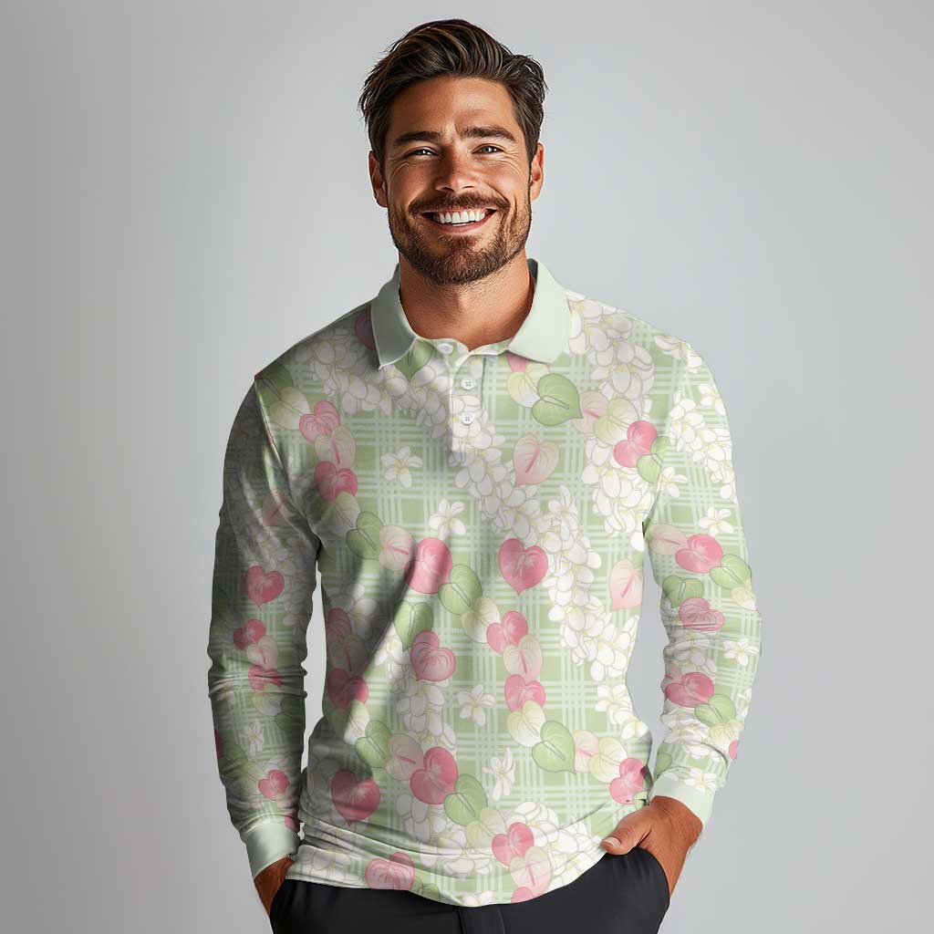 Anthurium Plumeria Lei Pastel Long Sleeve Polo Shirt Green Hawaiian Splendid Palaka