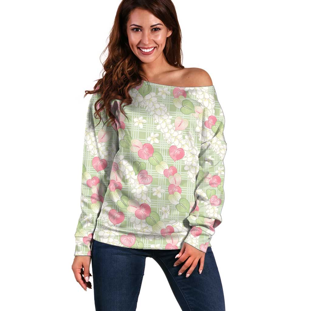Anthurium Plumeria Lei Pastel Off Shoulder Sweater Green Hawaiian Splendid Palaka