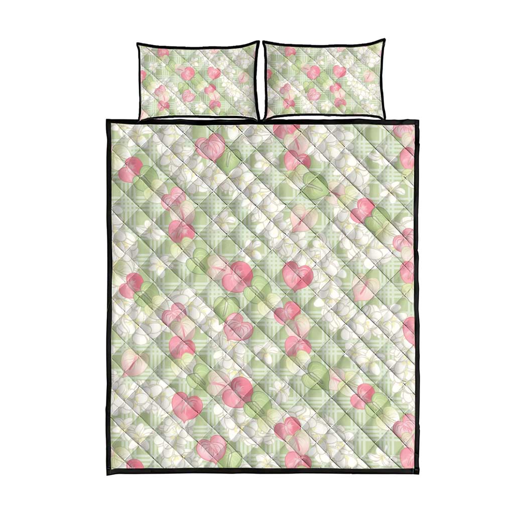 Anthurium Plumeria Lei Pastel Quilt Bed Set Green Hawaiian Splendid Palaka