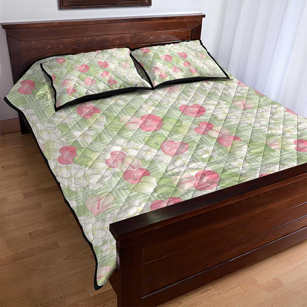 Anthurium Plumeria Lei Pastel Quilt Bed Set Green Hawaiian Splendid Palaka