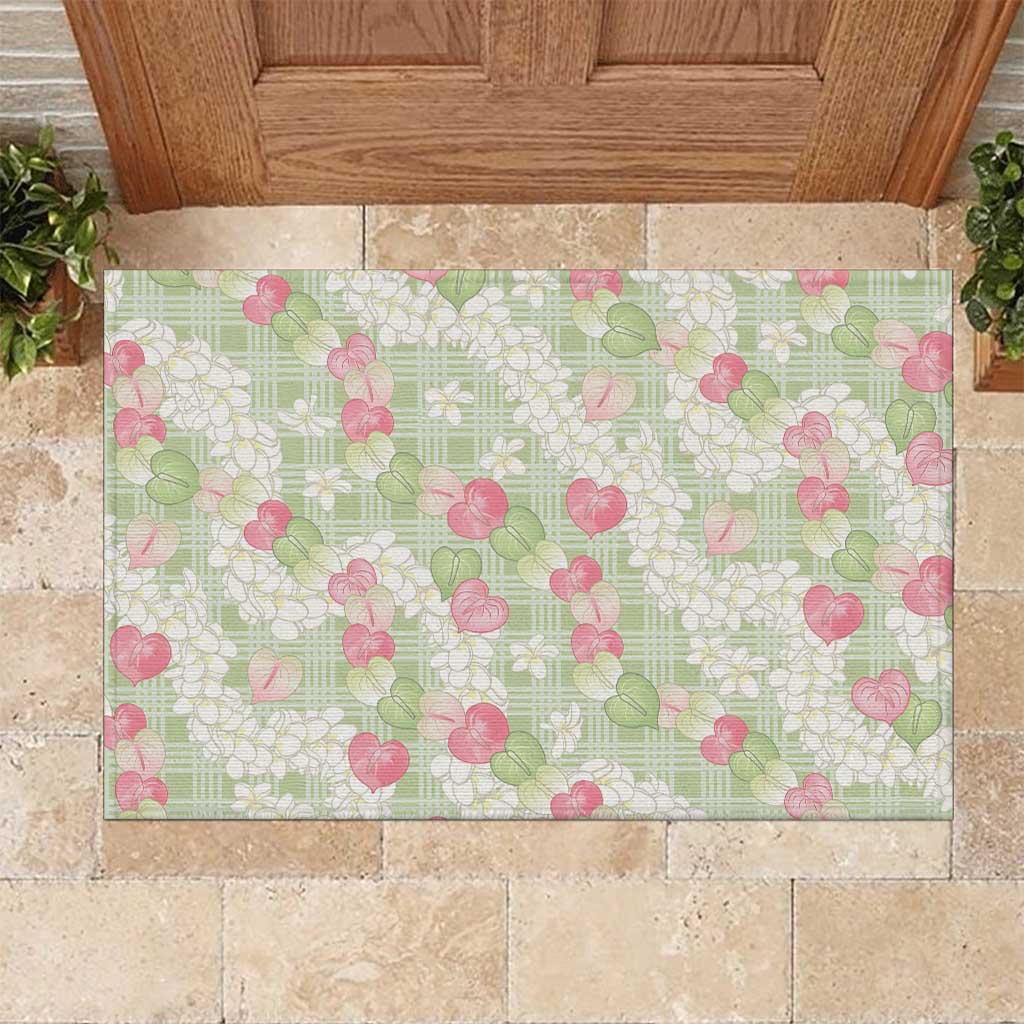 Anthurium Plumeria Lei Pastel Rubber Doormat Green Hawaiian Splendid Palaka