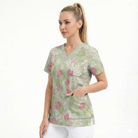 Anthurium Plumeria Lei Pastel Scrub Top Green Hawaiian Splendid Palaka