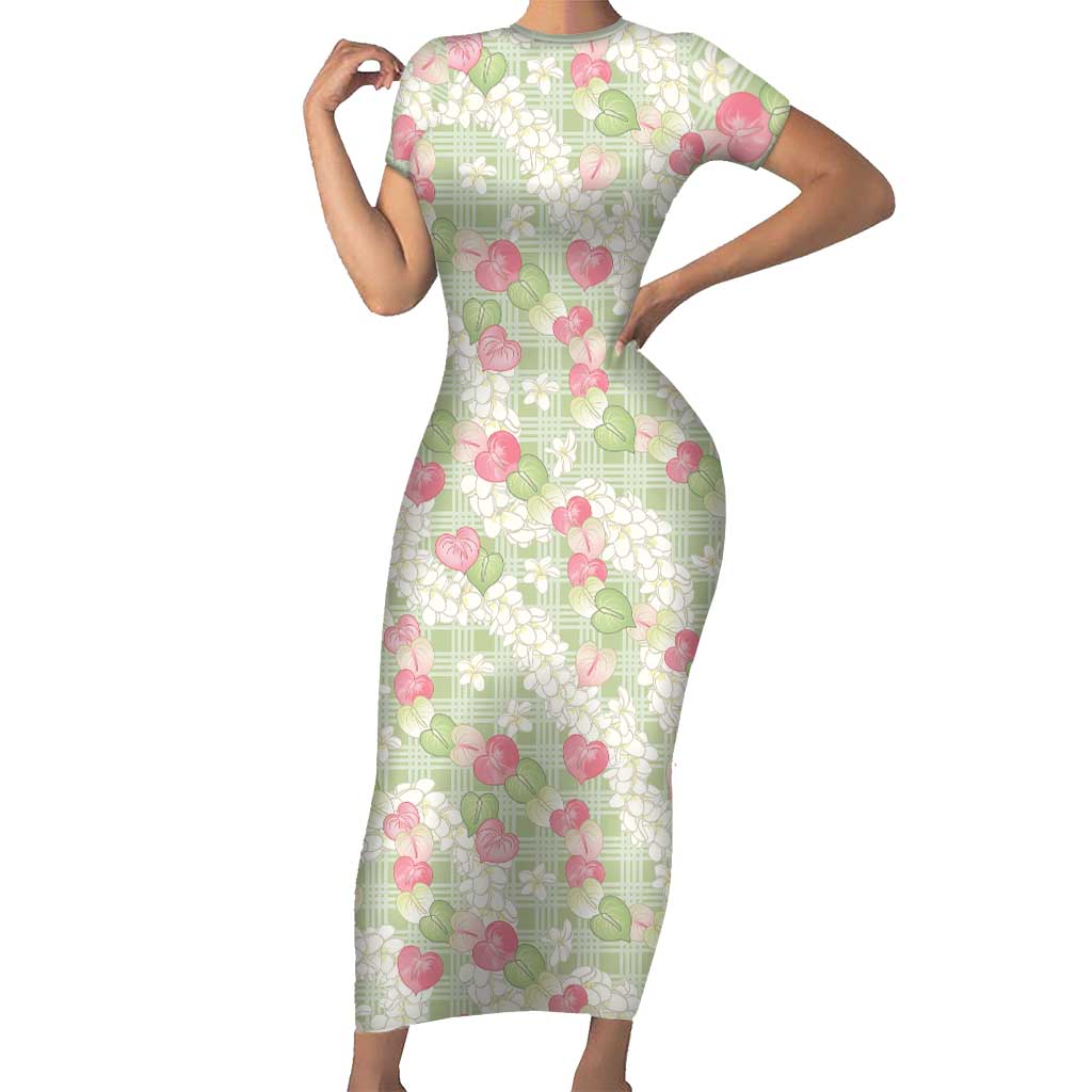 Anthurium Plumeria Lei Pastel Short Sleeve Bodycon Dress Green Hawaiian Splendid Palaka LT01 Long Dress Green - Polynesian Pride