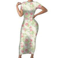 Anthurium Plumeria Lei Pastel Short Sleeve Bodycon Dress Green Hawaiian Splendid Palaka LT01 Long Dress Green - Polynesian Pride