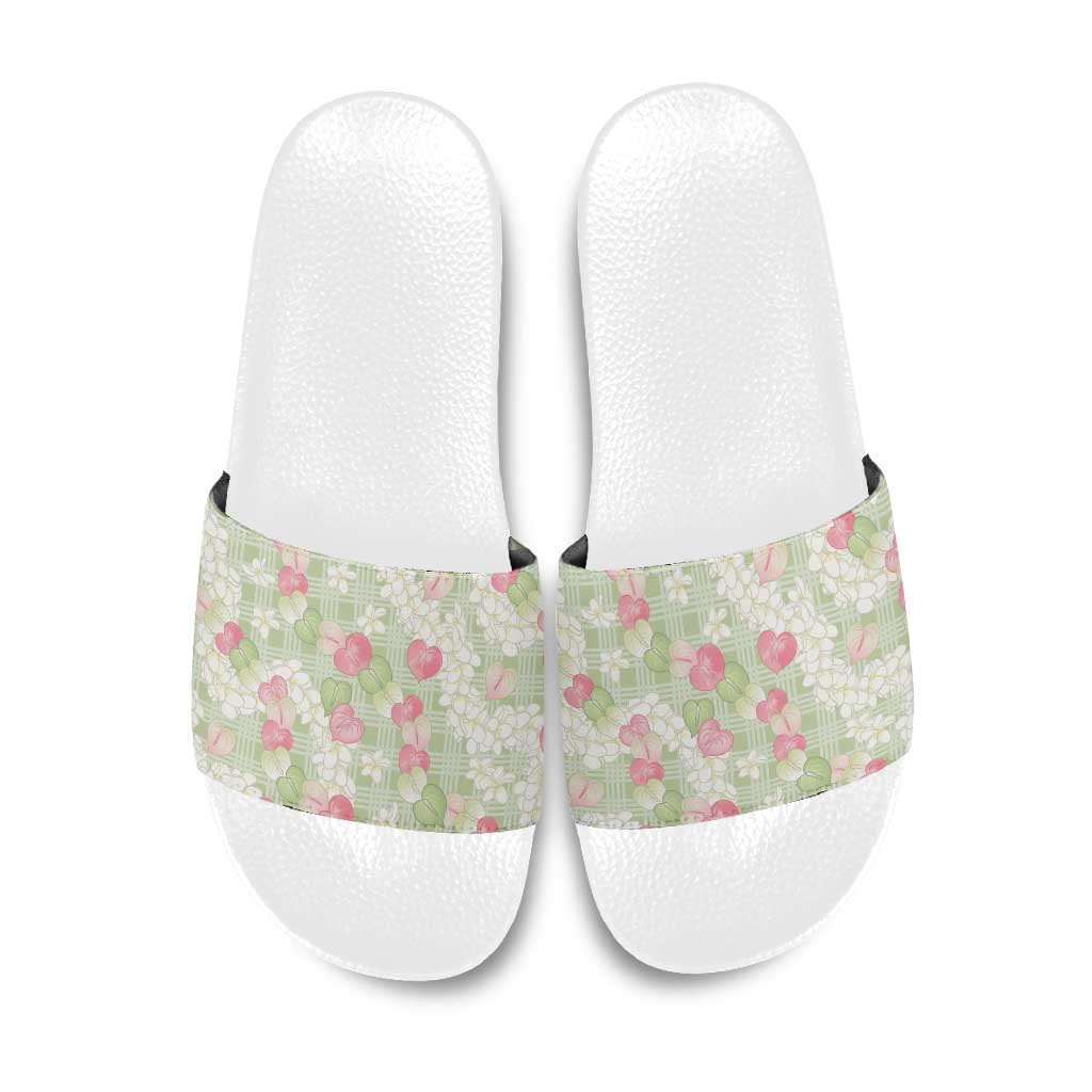 Anthurium Plumeria Lei Pastel Slide Sandals Green Hawaiian Splendid Palaka LT01 Green - Polynesian Pride