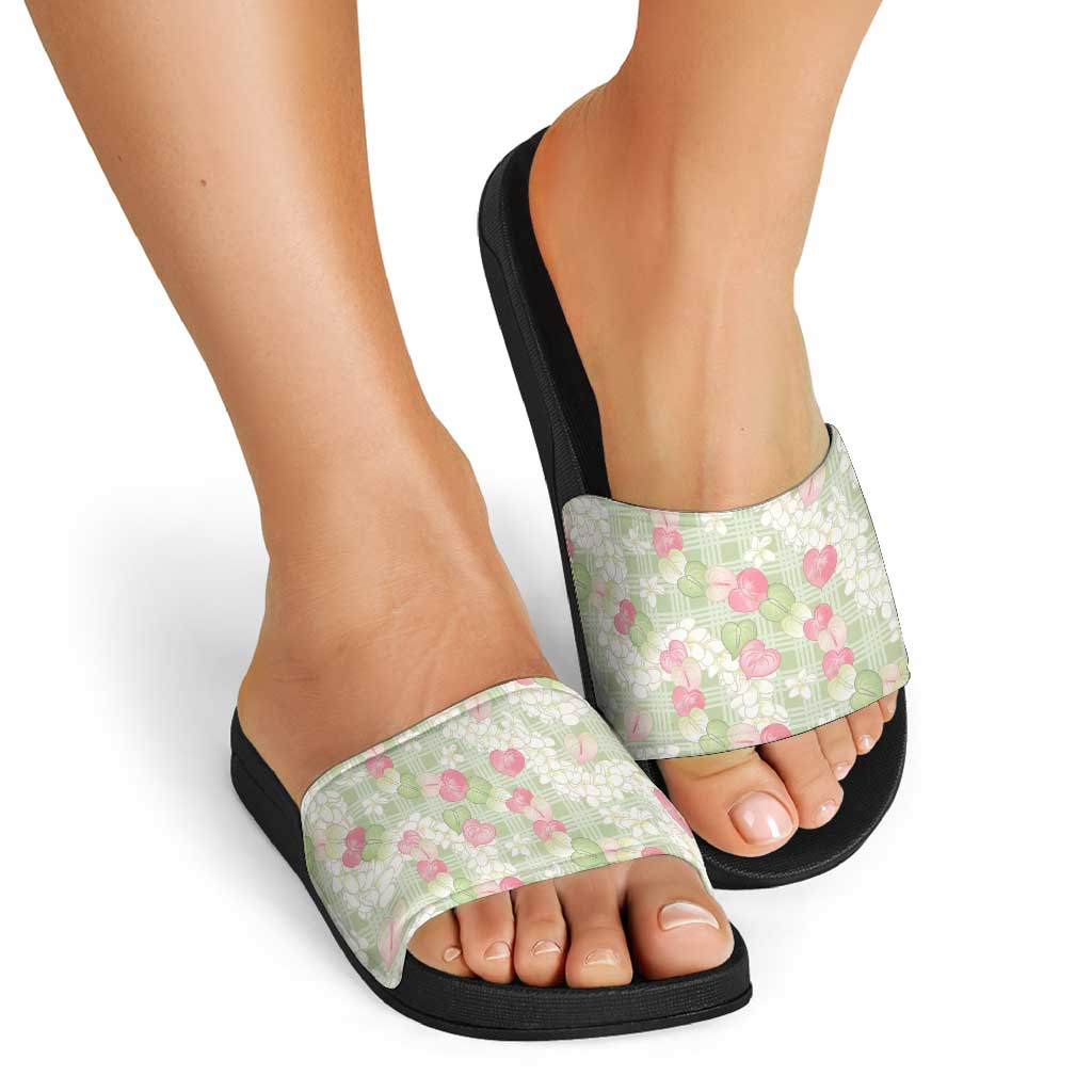 Anthurium Plumeria Lei Pastel Slide Sandals Green Hawaiian Splendid Palaka LT01 - Polynesian Pride