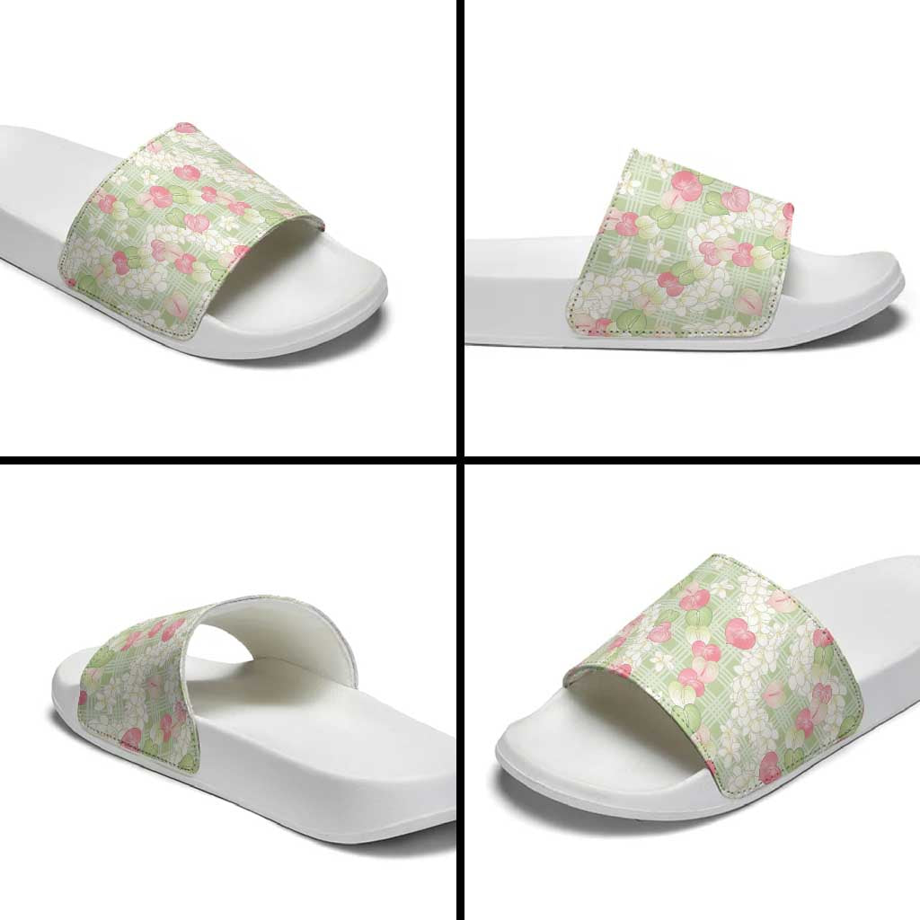 Anthurium Plumeria Lei Pastel Slide Sandals Green Hawaiian Splendid Palaka LT01 - Polynesian Pride
